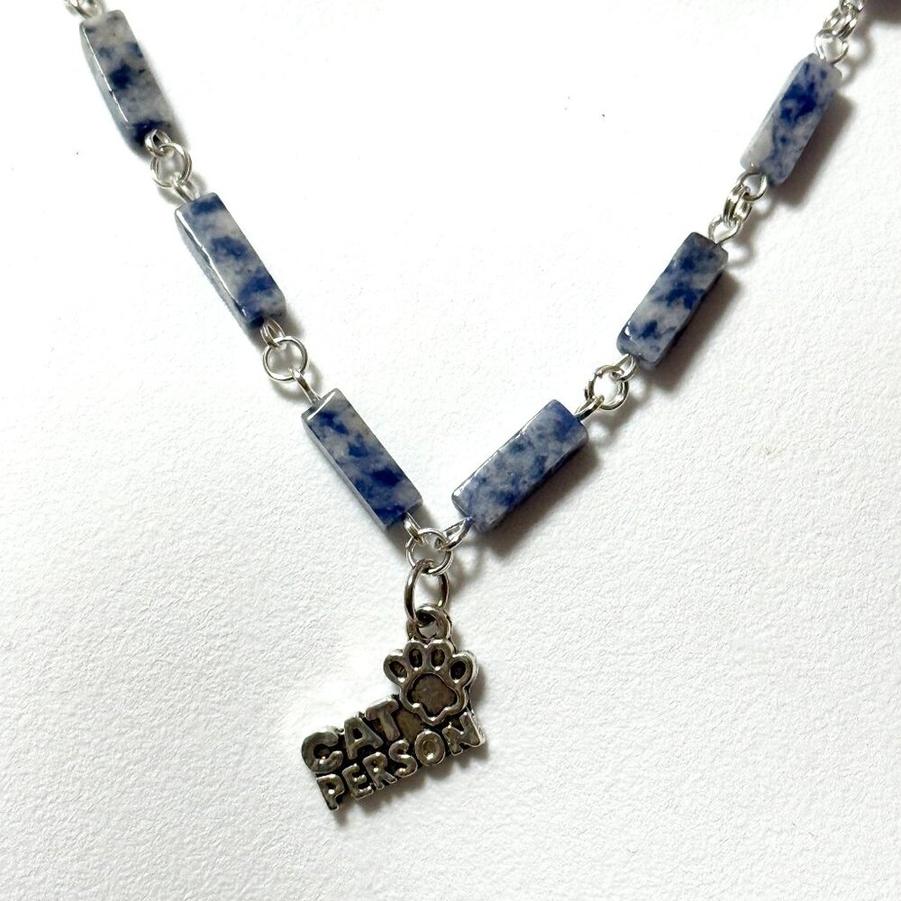 Genuine Blue White Sodalite Matinee Necklace, Gemstone & Cat Person Paw Print